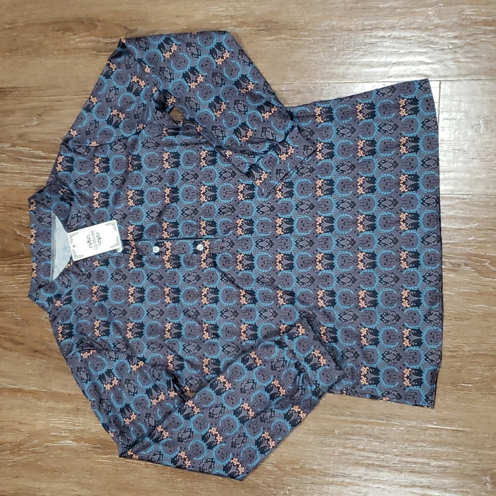 (M) NWT La Mode Gray & Teal Abstract Button-Front V-Neck Top Business Casual